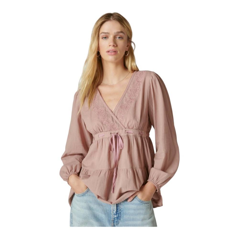 Lucky Brand Mauve Embroidered Babydoll Balloon Sleeves Cotton Women's Size XL